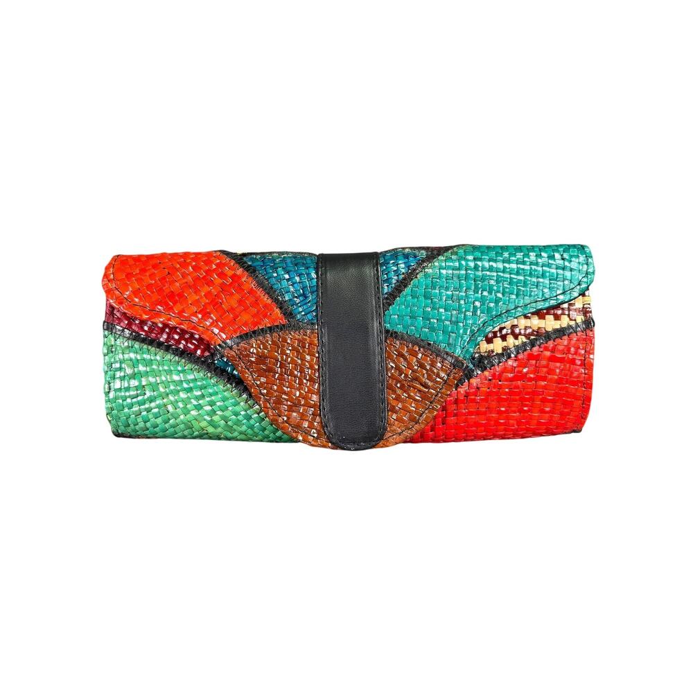 Vintage 1980's Patchwork Woven Straw Wristlet Clutch Bag